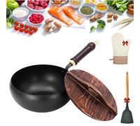 Yagerod Suntuup Japanese Iron Pan with Wooden Lid, 24/28cm Handforged Uncoated Iron Pan, Natural Non Stick IronPot, Evenly Conducts Heat, Easy to Maintain, for Beginners (Wooden lid, 24cm)