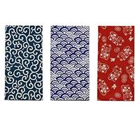 Yagisei Made in Japan Komon Tenugui Towel 3 type set (Karakusa,Blue Waves, Maneki Neko)