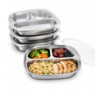 YAGOKKI 4 Pack 3-Compartment Divided Plates with Lids, 7.8 x 7.8 x 1.7 in Stainless Steel Divided Plates, Metal Portion Control Meal Prep Pan for Camping Picnic