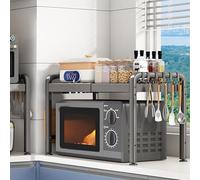 Yagosodee Extendable Microwave Oven Rack 2- Tier Kitchen Countertop Microwave Organizer Shelf With Cutting Board Holder And 6 Removable Hooks, Adjustable Length Pot Pan Grill Storage Racks