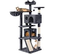 Yaheetech 144.5 cm Cat Tree for Indoor Cats, 2 Condos & Basket, Dark Grey | Scratching Posts, Multi-level Cat Tower, Ladder with Sisal Pad, Twin Top Beds, Anti-Tip Kit, 2 Play Toys, FSC-Certified