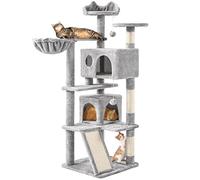 Yaheetech 144.5 cm Cat Tree for Indoor Cats, 2 Condos & Basket, Light Grey | Scratching Posts, Multi-level Cat Tower, Ladder with Sisal Pad, Twin Top Beds, Anti-Tip Kit, 2 Play Toys, FSC-Certified