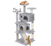 Yaheetech 144.5 cm Cat Tree for Indoor Cats, 2 Condos & Basket, Light Grey | Scratching Posts, Multi-level Cat Tower, Ladder with Sisal Pad, Twin Top Beds, Anti-Tip Kit, 2 Play Toys, FSC-Certified