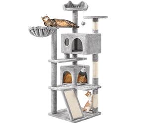 Yaheetech 144.5 cm Cat Tree for Indoor Cats, 2 Condos & Basket, Light Grey | Scratching Posts, Multi-level Cat Tower, Ladder with Sisal Pad, Twin Top Beds, Anti-Tip Kit, 2 Play Toys, FSC-Certified