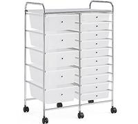Yaheetech 15 Drawers Plastic Storage Cart, Multipurpose Mobile Organizer Unit with 4 Lockable Wheels, Utility Rolling Trolley for Home Office School Salon & Beauty, White