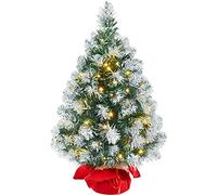 Yaheetech 1Pcs Pre-Lit Frosted Tabletop Christmas Tree, 2ft, Green & White | 60cm Tabletop Artificial Xmas Tree | Stable Red Cloth Bag Base | 35 Warm LED Lights | Festival & Home Decoration