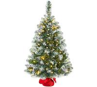 Yaheetech 1Pcs Pre-Lit Frosted Tabletop Christmas Tree, 3ft, Green & White | 90cm Tabletop Artificial Xmas Tree | Stable Red Cloth Bag Base | 50 Warm LED Lights | Festival & Home Decoration