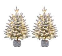 Yaheetech 2ft/61cm Pre-lit Potted Flocked Tabletop Christmas Tree, Mini Snowy Frosted Artificial Spruce Xmas Tree with 35 Warm White LED Lights and 262 PE Branch Tips for Home Porch Decor, 2Pcs