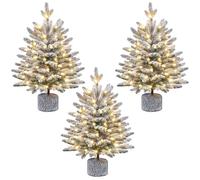 Yaheetech 2ft/61cm Pre-lit Potted Flocked Tabletop Christmas Tree, Mini Snowy Frosted Artificial Spruce Xmas Tree with 35 Warm White LED Lights and 262 PE Branch Tips for Home Porch Decor, 3Pcs