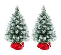 Yaheetech 2Pcs Frosted Christmas Tree with Cement Base, 2ft, Green & White | 60cm Tabletop Artificial Xmas Tree | Stable Red Cloth Bag Base | Festival & Home Decoration