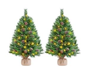 Yaheetech 2Pcs Pre-lit Artificial Mini Christmas Tree, 3ft/92cm Tabletop Small Christmas Tree w/20 Pinecones, 50 Warm White LED Lights, Battery-Operated for Home Party Decor, Green