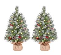 Yaheetech 2Pcs Pre-Lit Artificial Mini Tabletop Christmas Tree, 2ft/66cm Frosted Battery Operated Small Xmas Trees with 35 LED Lights, 42 Red Berries & 6 Pinecones for Festival Decoration