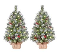 Yaheetech 2Pcs Pre-Lit Artificial Mini Tabletop Christmas Tree, 3ft/98cm Frosted Battery Operated Small Xmas Trees with 50 LED Lights, 70 Red Berries &10 Pinecones for Festival Decoration