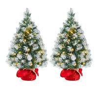 Yaheetech 2Pcs Pre-Lit Frosted Tabletop Christmas Tree, 2ft, Green & White | 60cm Tabletop Artificial Xmas Tree | Stable Red Cloth Bag Base | 35 Warm LED Lights | Festival & Home Decoration