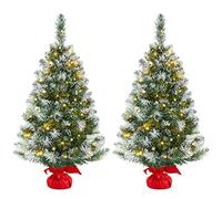 Yaheetech 2Pcs Pre-Lit Frosted Tabletop Christmas Tree, 3ft, Green & White | 90cm Tabletop Artificial Xmas Tree | Stable Red Cloth Bag Base | 50 Warm LED Lights | Festival & Home Decoration