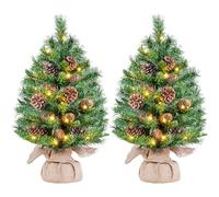 Yaheetech 2PCS Pre-Lit Mini Christmas Tree with Pinecones, 2ft/61cm, Green | Artificial Tabletop Small Christmas Tree | Battery Operated 35 Warm White LEDs | Built-In 12 Pinecones | Home & Party Decor