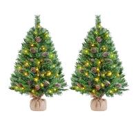 Yaheetech 2PCS Pre-Lit Mini Christmas Tree with Pinecones, 3ft/92cm, Green | Artificial Tabletop Small Christmas Tree | Battery Operated 50 Warm White LEDs | Built-In 20 Pinecones | Home & Party Decor