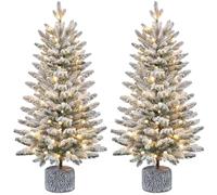 Yaheetech 2Pcs Pre-lit Potted Flocked Tabletop Christmas Tree, 3ft/94cm Mini Snowy Frosted Artificial Spruce Xmas Tree with 50 Warm White LED Lights and 355 PE Branch Tips for Home Porch Decor