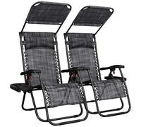 Yaheetech 2pcs Zero Gravity Chair with Sunshade & Side Tray, Gray | Wide Folding Patio Recliner Set | Convenient Carry Strap & Soft Pillow & Cupholder | For Poolside Backyard and Beach