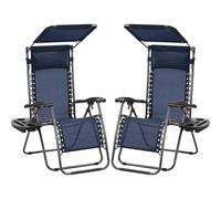 Yaheetech 2pcs Zero Gravity Chair with Sunshade & Side Tray, Navy Blue | Wide Folding Patio Recliner Set | Convenient Carry Strap & Soft Pillow & Cupholder | For Poolside Backyard and Beach