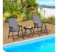 Yaheetech 3-Piece Folding Patio Sling Chair Set With Tempered Glass Table, Gray Black