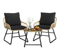Yaheetech 3 Pieces Bistro Set, Outdoor PE Wicker Chairs with Washable Cushions and Tempered Glass Table, Patio Conversation Set for Backyard, Poolside, Balcony, Porch, Tan/Black