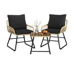 Yaheetech 3 Pieces Bistro Set, PE Wicker Chairs & Glass Table, Tan/Black | Outdoor Rattan Conversation Set | 2 Chairs & 1 Table | With Washable Soft Cushions | For Backyard, Poolside, Balcony & Porch