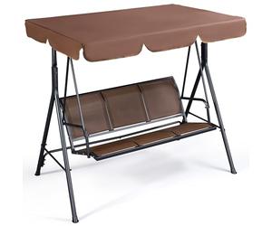 Yaheetech 3-Seat Porch Swing with Adjustable Canopy & Armrests, Dark Brown | Texteline Fabric Seat with Armrests | Adjustable Canopy | Hanging Outdoor Swing for Backyard, Garden, Balcony and Patio
