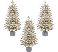 Yaheetech 3ft/92cm Pre-lit Potted Flocked Tabletop Christmas Tree, Mini Snowy Frosted Artificial Spruce Xmas Tree with 50 Warm White LED Lights and 355 PE Branch Tips for Home Porch Decor, 3Pcs