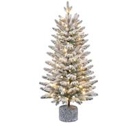 Yaheetech 3ft/92cm Pre-lit Potted Flocked Tabletop Christmas Tree, Mini Snowy Frosted Artificial Spruce Xmas Tree with 50 Warm White LED Lights and 355 PE Branch Tips for Home Porch Decor