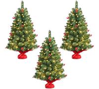 Yaheetech 3ft Prelit Tabletop Mini Christmas Tree with LED Warm Toned Lights Portable Holiday Decoration Artificial Tree with Red Berries 3Pack