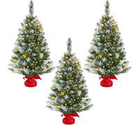 Yaheetech 3Pcs Pre-Lit Frosted Tabletop Christmas Tree, 3ft, Green & White | 90cm Tabletop Artificial Xmas Tree | Stable Red Cloth Bag Base | 50 Warm LED Lights | Festival & Home Decoration