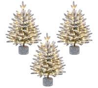 Yaheetech 3Pcs Pre-lit Potted Flocked Tabletop Christmas Tree, 2ft/68cm Mini Snowy Frosted Artificial Spruce Xmas Tree with 35 Warm White LED Lights and 262 PE Branch Tips for Home Porch Decor