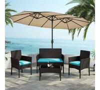 Yaheetech 4-Piece Outdoor Pe Rattan Reception Set With Loveseat, Chairs, Coffee Table, Brown/cyan