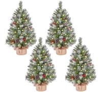 Yaheetech 4Pcs Pre-Lit Artificial Mini Tabletop Christmas Tree, 3ft/98cm Frosted Battery Operated Small Xmas Trees with 50 LED Lights, 70 Red Berries &10 Pinecones for Festival Decoration