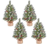 Yaheetech 4PCS Pre-Lit Frosted Mini Christmas Tree, Berries, Pinecones, 2ft | 61cn Tabletop Artificial Xmas Tree | Battery Operated 35 LED Lights | Red Berries & Pinecones | Festival & Home Decoration
