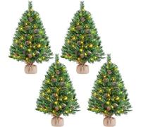 Yaheetech 4PCS Pre-Lit Mini Christmas Tree with Pinecones, 3ft/92cm, Green | Artificial Tabletop Small Christmas Tree | Battery Operated 50 Warm White LEDs | Built-In 20 Pinecones | Home & Party Decor