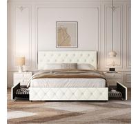 Yaheetech 5Ft King Faux Leather Upholstered Bed Frame With Adjustable Headboard And 2 Drawers, Cream