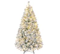 Yaheetech 5ft Pre-Lit Flocked Christmas Tree, 8 Modes Warm White LED Lights | 152cm Artificial Snowy Christmas Tree | 200 LED Lights, 518 Tips & Foldable Stand | Holiday Decorative Tree | Green & White