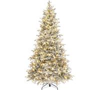 Yaheetech 6ft/1.8m Pre-lit Flocked Christmas Tree 300 Warm White LED Lights | Snow Lapland Fir | 1309 PE/PVC Tips | Snowy Bushy Hinged Branches | Foldable Metal Stand | Green & White Winter Decoration