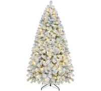 Yaheetech 6ft Pre-lit Flocked Artificial Christmas Tree with 250 Warm White LED Lights, 780 Tips & Foldable Stand, Holiday Decorative Tree, 8 Lighting Modes, 183 cm, Green & White