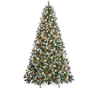 Yaheetech 6ft Pre-lit Frosted Artificial Hinged Christmas Tree with 62 Pinecones & Holly Berries, 818 Flocked PVC Tips, 250 Warm White Lights, Foldable Stand, Green