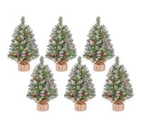 Yaheetech 6Pcs Pre-Lit Artificial Mini Tabletop Christmas Tree, 2ft/61cm Frosted Battery Operated Small Xmas Trees with 35 LED Lights, 42 Red Berries & 6 Pinecones for Festival Decoration