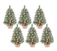 Yaheetech 6Pcs Pre-Lit Artificial Mini Tabletop Christmas Tree, 3ft/92cm Frosted Battery Operated Small Xmas Trees with 50 LED Lights, 70 Red Berries &10 Pinecones for Festival Decoration