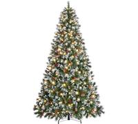 Yaheetech 7ft Pre-lit Frosted Artificial Hinged Christmas Tree with 80 Pinecones & Holly Berries, 1214 Flocked PVC Tips, 400 Warm White Lights, Foldable Stand, Green