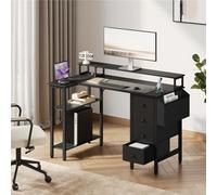 Yaheetech Black 120 Cm L Shaped Wooden Computer Desk With Charging Station & 4 Drawers