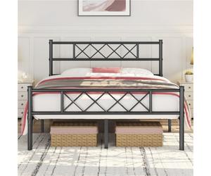 Yaheetech Black 4Ft6 Double Simple Metal Bed Frame With Cross-Design Headboard & Footboard