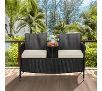 Yaheetech Black/beige Outdoor Wicker Double Chair With Side Table And Removable Cushions