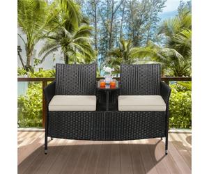 Yaheetech Black/beige Outdoor Wicker Double Chair With Side Table And Removable Cushions