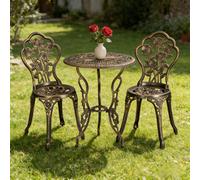 Yaheetech Bronze 3 Piece Patio Bistro Set, 2 Seater Metal Garden Table & Chairs Bistro Coffee Table Set, Rose Design